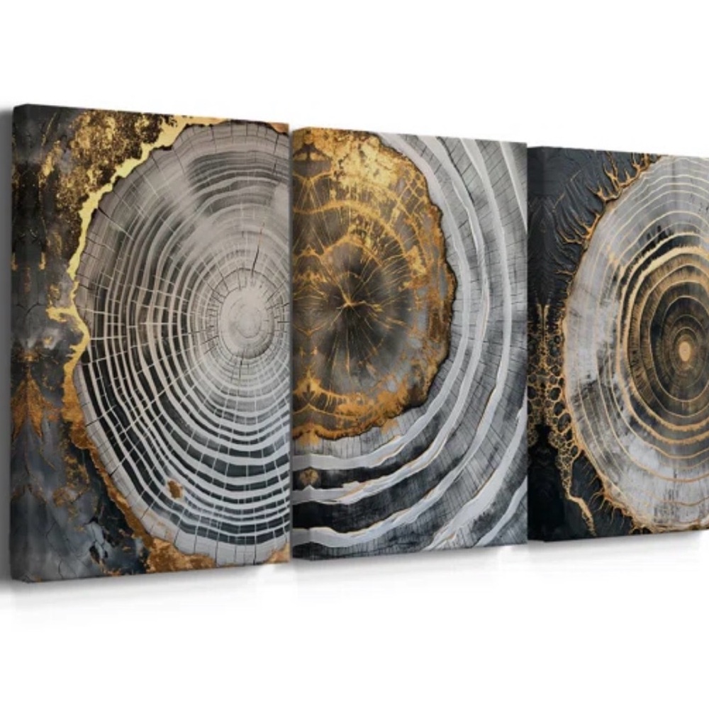 Elegant Gold and Gray Tree Ring Canvas Art Set 3